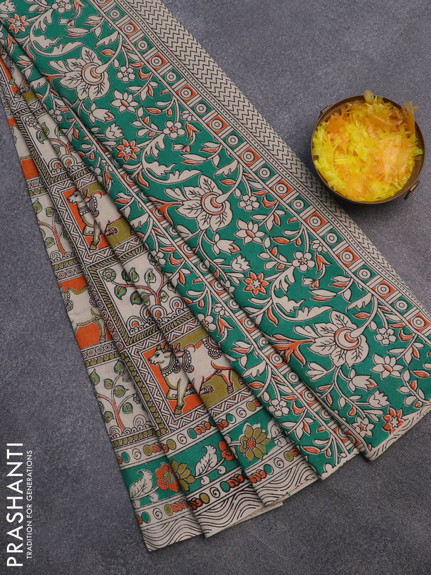 Kalamkari cotton saree beige light green and teal green with allover prints and printed border