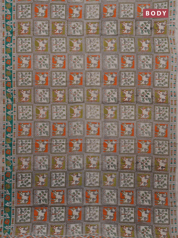 Kalamkari cotton saree beige light green and teal green with allover prints and printed border