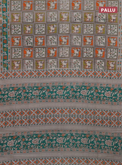 Kalamkari cotton saree beige light green and teal green with allover prints and printed border