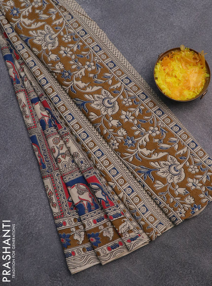 Kalamkari cotton saree red blue and dark mustard with allover prints and printed border