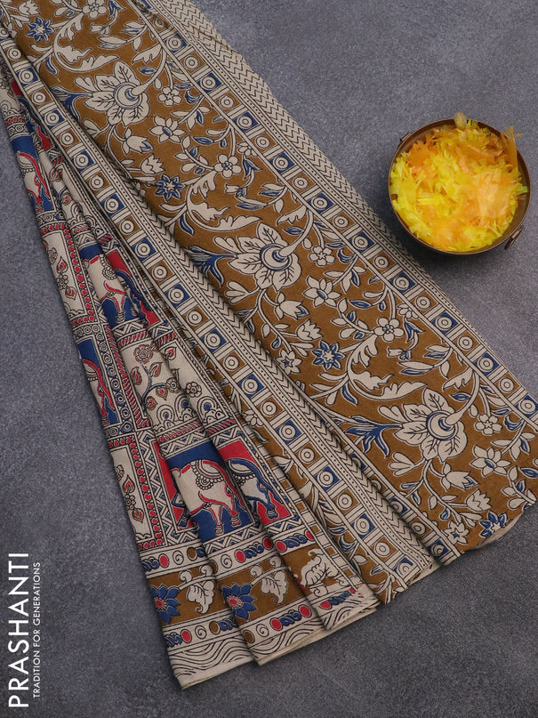 Kalamkari cotton saree red blue and dark mustard with allover prints and printed border