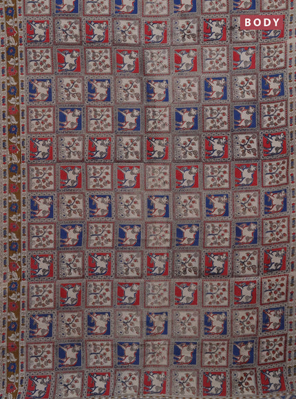 Kalamkari cotton saree red blue and dark mustard with allover prints and printed border