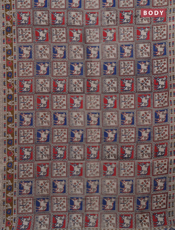 Kalamkari cotton saree red blue and dark mustard with allover prints and printed border