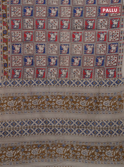 Kalamkari cotton saree red blue and dark mustard with allover prints and printed border