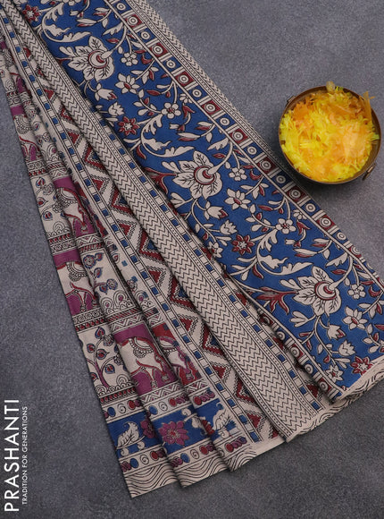 Kalamkari cotton saree maroon purple and blue with allover prints and printed border