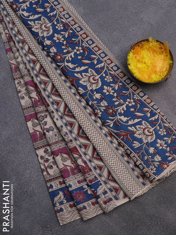 Kalamkari cotton saree maroon purple and blue with allover prints and printed border