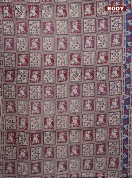 Kalamkari cotton saree maroon purple and blue with allover prints and printed border