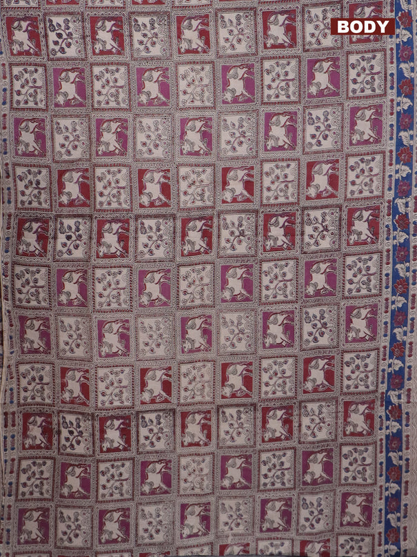 Kalamkari cotton saree maroon purple and blue with allover prints and printed border