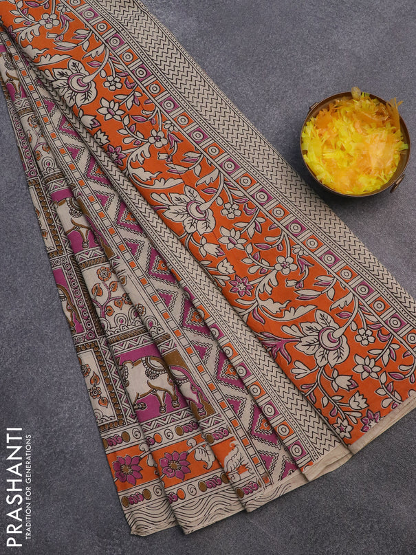 Kalamkari cotton saree brown beige and orange with allover prints and printed border