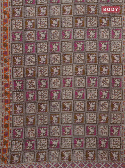 Kalamkari cotton saree brown beige and orange with allover prints and printed border