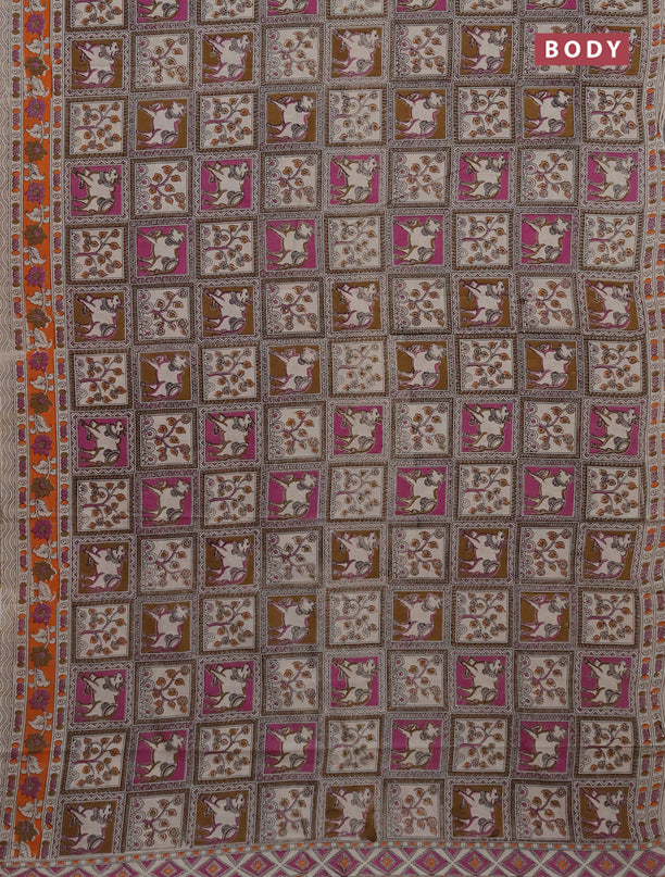 Kalamkari cotton saree brown beige and orange with allover prints and printed border