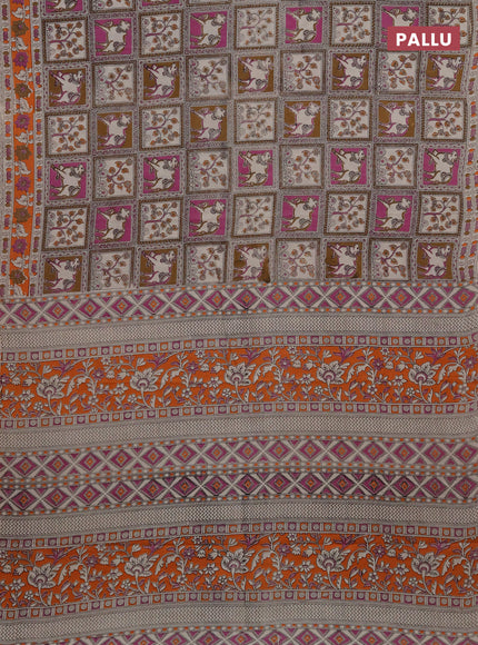 Kalamkari cotton saree brown beige and orange with allover prints and printed border