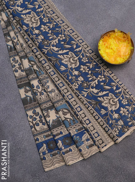 Kalamkari cotton saree pastel blue beige and blue with allover prints and printed border