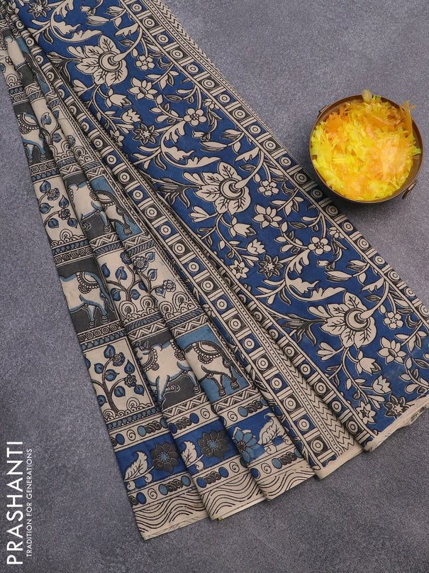 Kalamkari cotton saree pastel blue beige and blue with allover prints and printed border