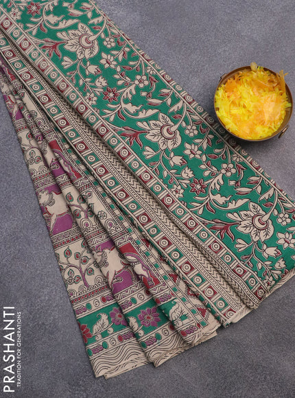 Kalamkari cotton saree violet maroon and teal green with allover prints and printed border