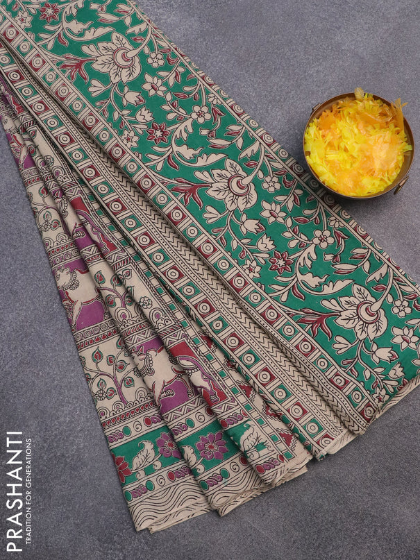 Kalamkari cotton saree violet maroon and teal green with allover prints and printed border