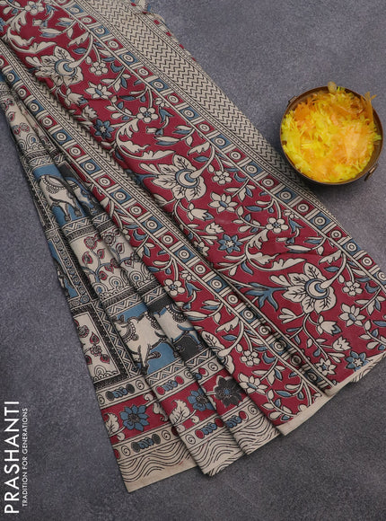 Kalamkari cotton saree grey blue and maroon with allover prints and printed border