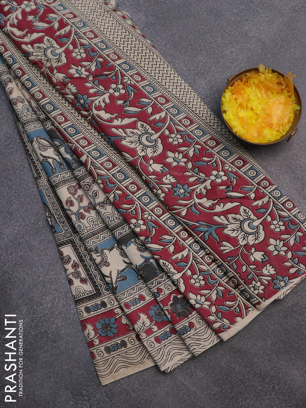 Kalamkari cotton saree grey blue and maroon with allover prints and printed border