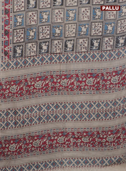 Kalamkari cotton saree grey blue and maroon with allover prints and printed border