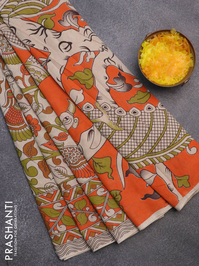 Kalamkari cotton saree beige and orange with allover prints and printed border