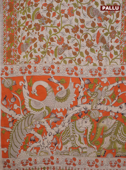 Kalamkari cotton saree beige and orange with allover prints and printed border