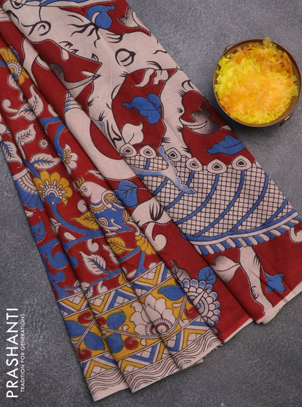 Kalamkari cotton saree maroon and yellow with allover prints and printed border