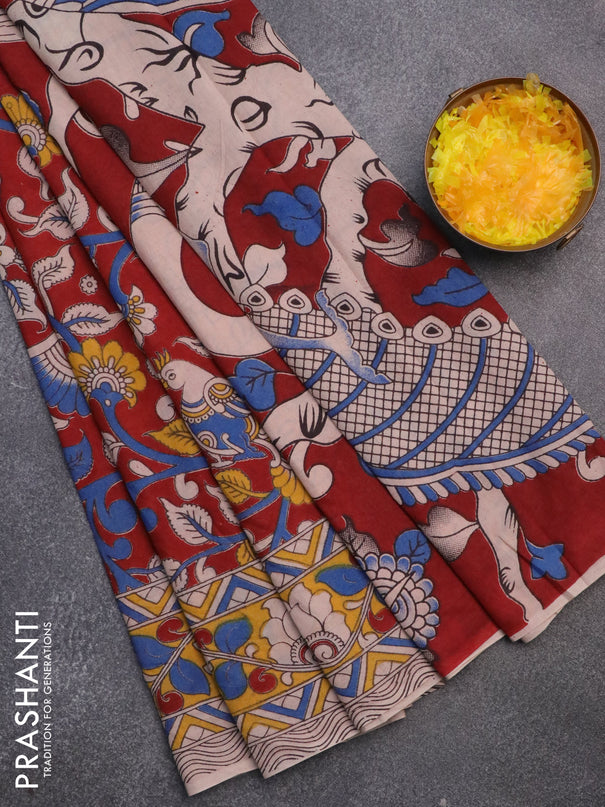 Kalamkari cotton saree maroon and yellow with allover prints and printed border