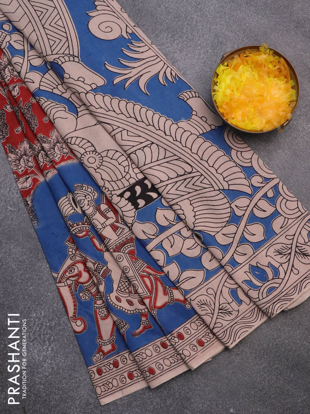 Kalamkari cotton saree maroon and beige with allover prints and printed border