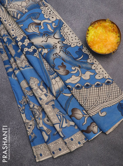 Kalamkari cotton saree blue and beige with allover prints and printed border