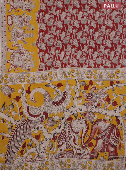 Kalamkari cotton saree maroon and yell beige with allover prints and printed border