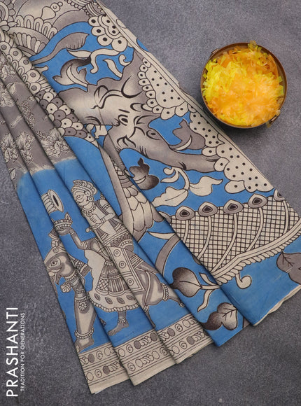 Kalamkari cotton saree grey and blue beige with allover prints and printed border