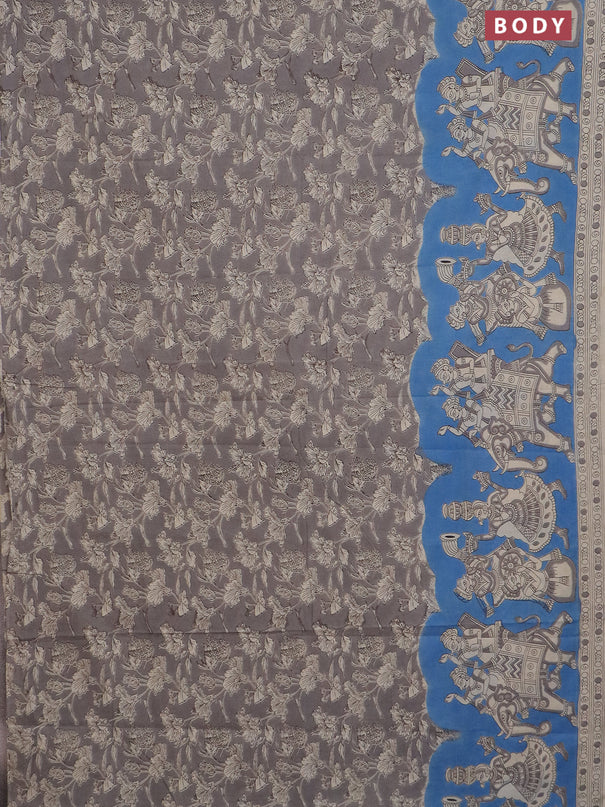 Kalamkari cotton saree grey and blue beige with allover prints and printed border