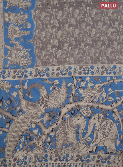 Kalamkari cotton saree grey and blue beige with allover prints and printed border