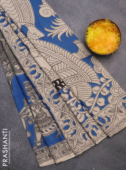 Kalamkari cotton saree grey blue and beige with allover prints and printed border