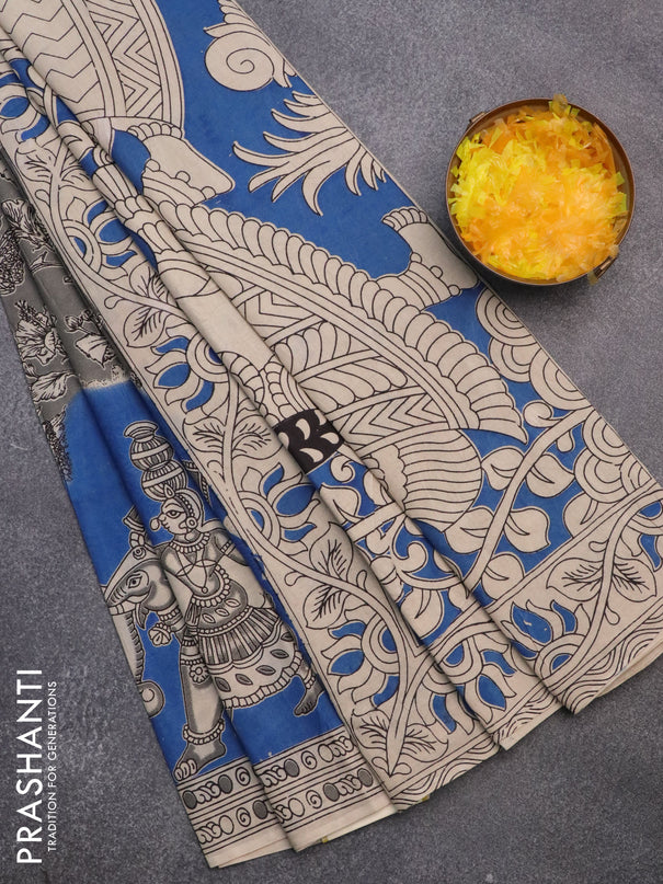 Kalamkari cotton saree grey blue and beige with allover prints and printed border