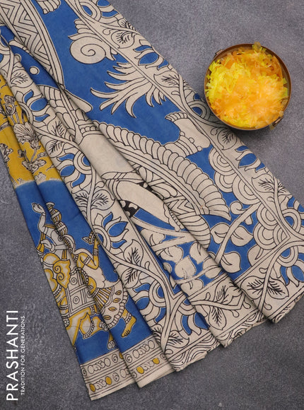 Kalamkari cotton saree yellow blue and beige with allover prints and printed border