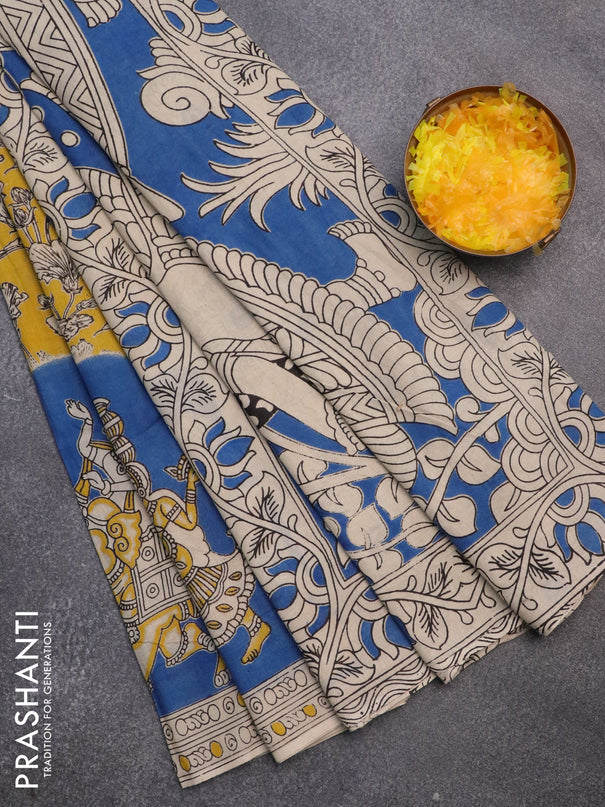 Kalamkari cotton saree yellow blue and beige with allover prints and printed border