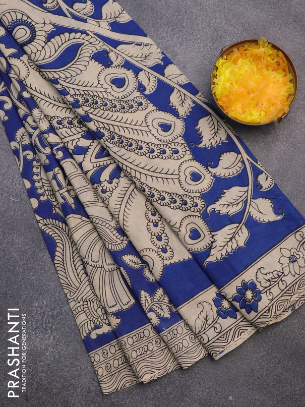 Kalamkari cotton saree blue and beige with allover prints and printed border