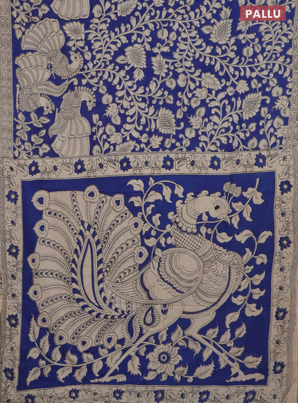 Kalamkari cotton saree blue and beige with allover prints and printed border