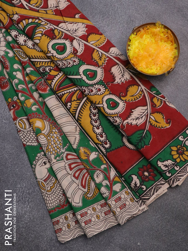 Kalamkari cotton saree green and beige with allover prints and printed border