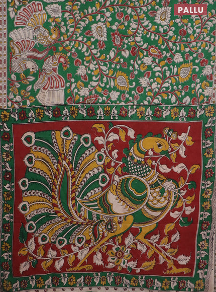 Kalamkari cotton saree green and beige with allover prints and printed border