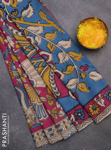 Kalamkari cotton saree magenta pink and beige with allover prints and printed border