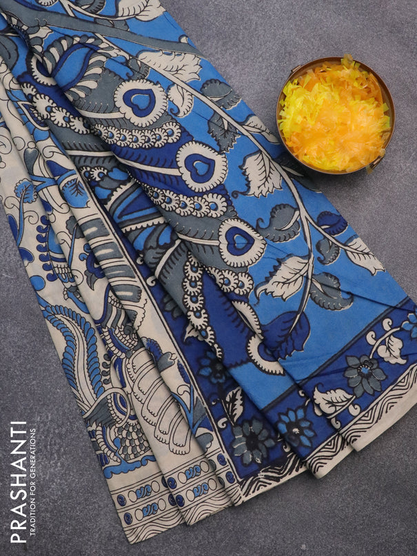 Kalamkari cotton saree beige and blue with allover prints and printed border