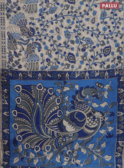 Kalamkari cotton saree beige and blue with allover prints and printed border