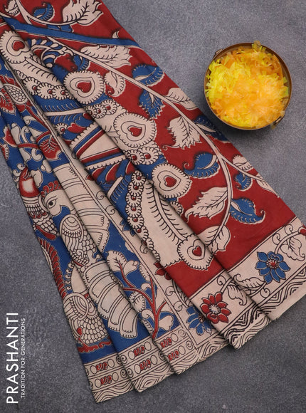 Kalamkari cotton saree blue and beige with allover prints and printed border