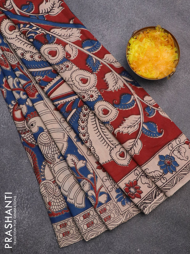 Kalamkari cotton saree blue and beige with allover prints and printed border