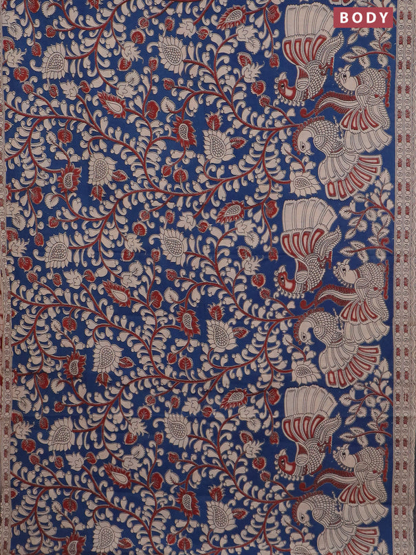 Kalamkari cotton saree blue and beige with allover prints and printed border