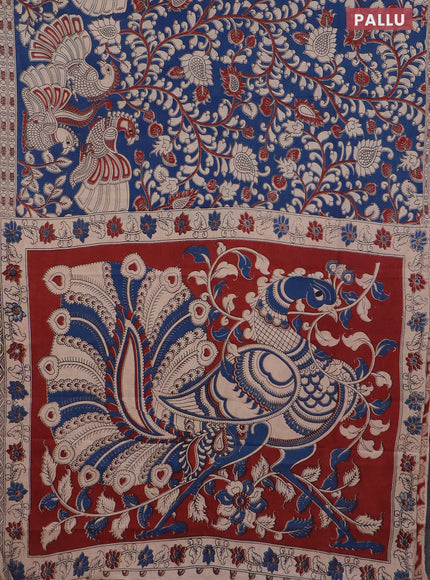 Kalamkari cotton saree blue and beige with allover prints and printed border