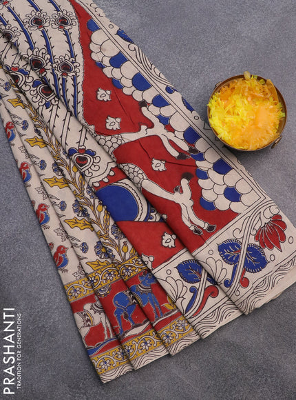 Kalamkari cotton saree beige and maroon with allover prints and printed border