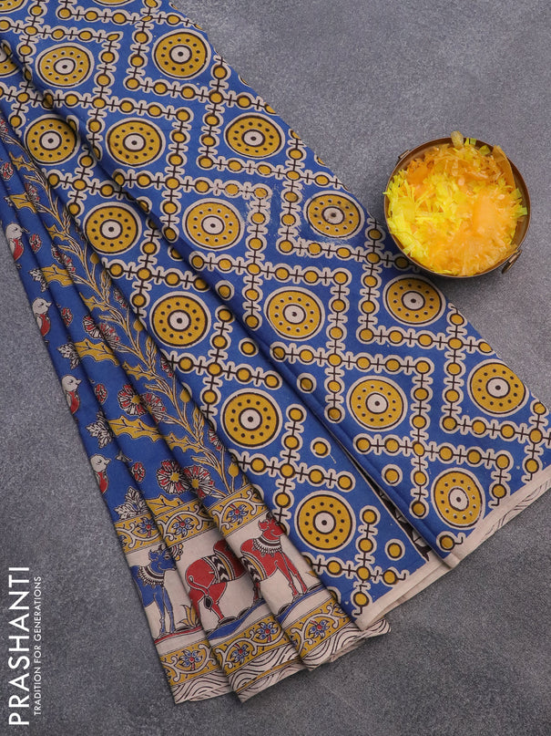 Kalamkari cotton saree blue and yellow with allover prints and printed border